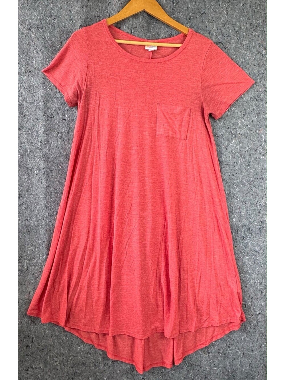 LuLaRoe Carly M Coral Red Heather Pocket T-Shirt Swing Dress High Low Hem